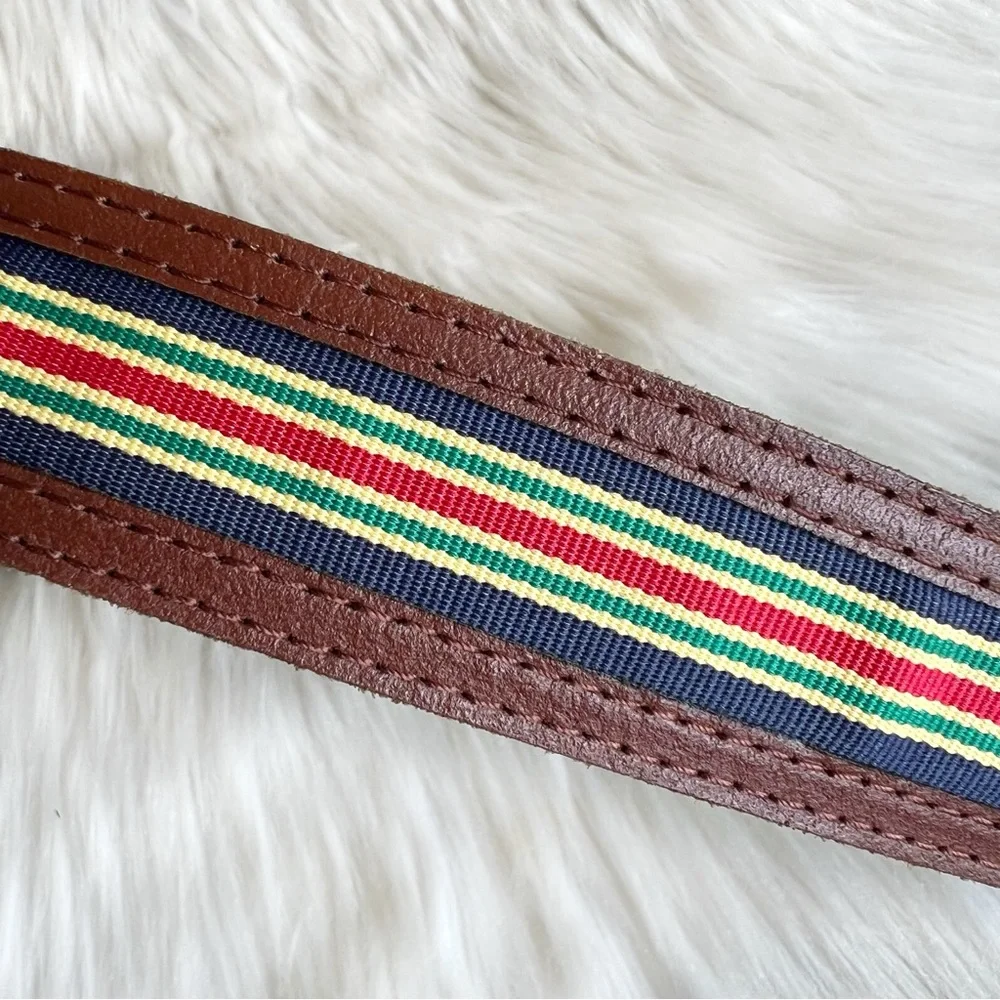 Lacoste Vintage Brown Leather Striped Belt Silver Buckle 1980s 37-38.5 Unisex